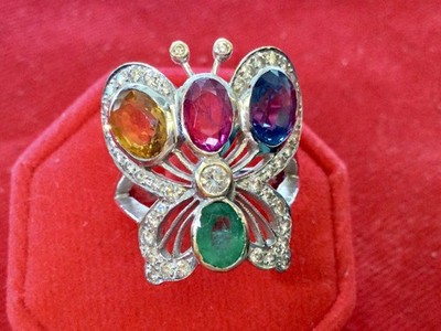 Emerald Gold Diamonds Ring CERTIFIED 19K Gold Ring Ruby Blue Green Sapphire Gems