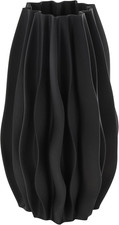 Black Ceramic Wavy Ribbed Vase with Floral Rim - 14" Decorative Centerpiece