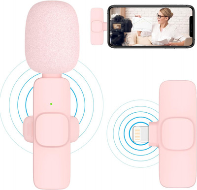 Pink Wireless Lavalier Microphone Plug Play Clip On Mini Mic for iPhone Video