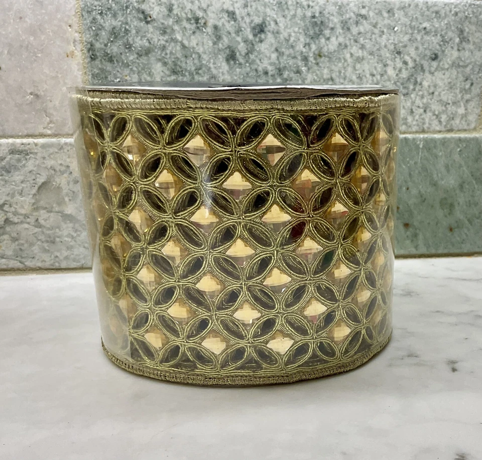 1 Roll Of Farrisilk Metallic Gold Jeweled Lattice Wired Ribbon 4" X 5 YDS New - Image 4 of 4