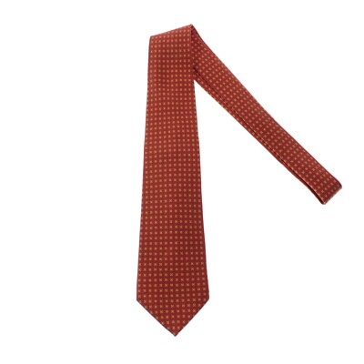 Cravate Kiton Neuve 100% Soie Sept Plis - Rouge Brûlé Avec Motifs Vert-brun