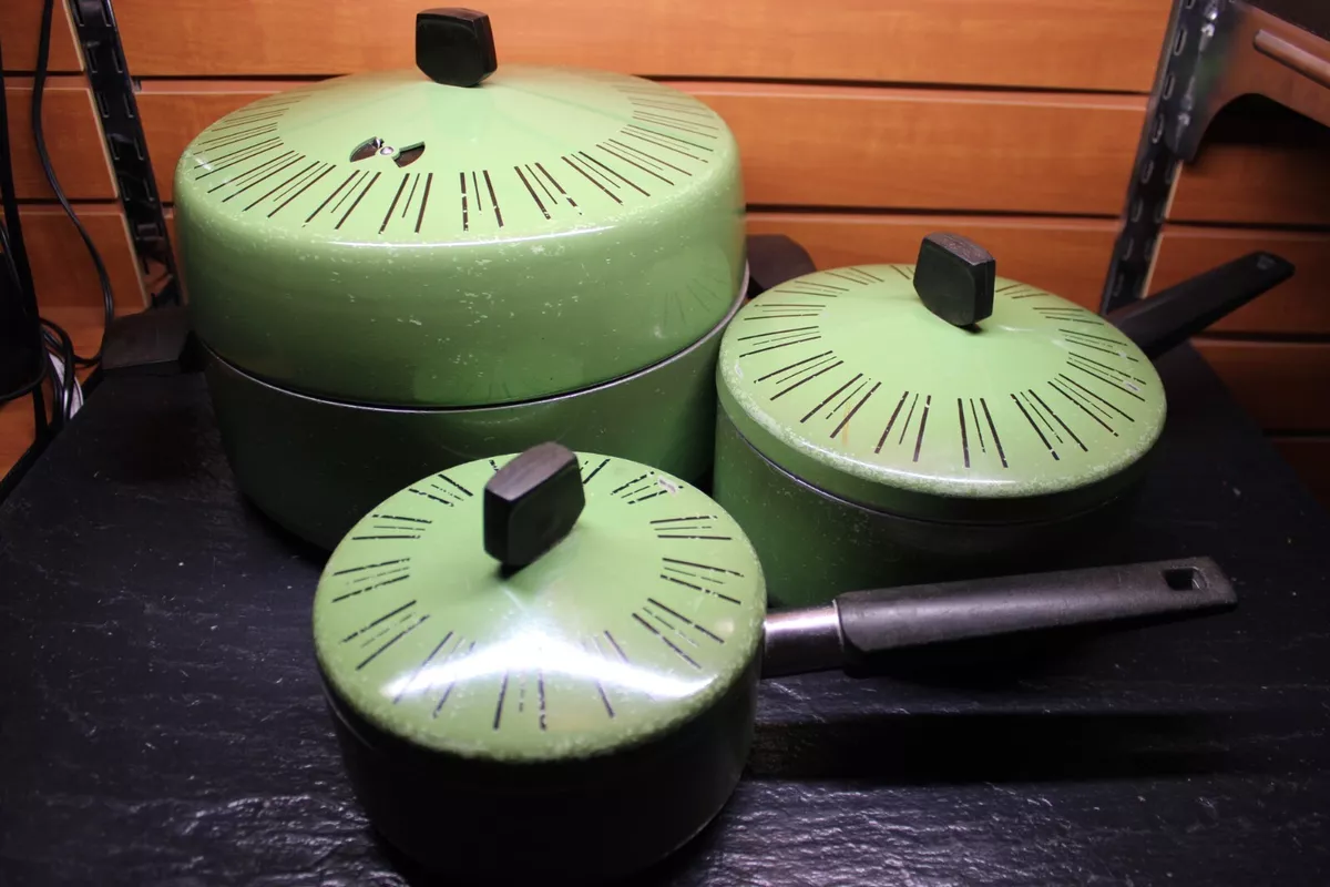 3 Wear-Ever Avocado Green Vintage Aluminum Pots Pans Cookware & Lids