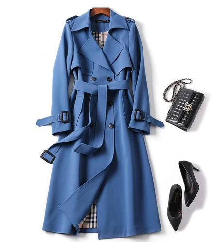 Women's Double Breasted Long Trench Coat Windproof Classic Lapel Belted Overcoat - Picture 13 of 25