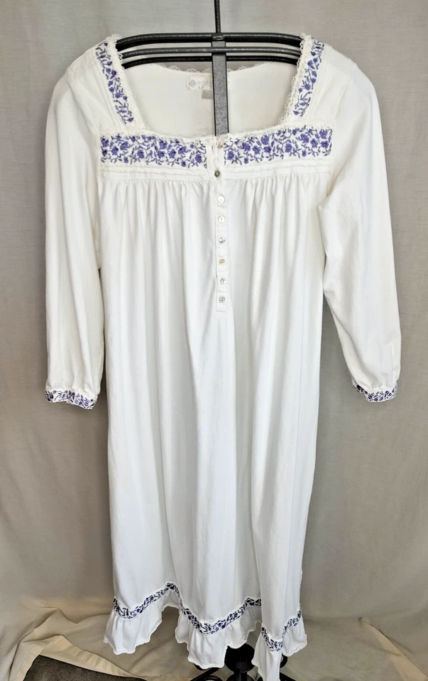 Camisón manga larga Eileen West talla Lg blanco púrpura ribete floral franela de algodón Foto 2 de 4