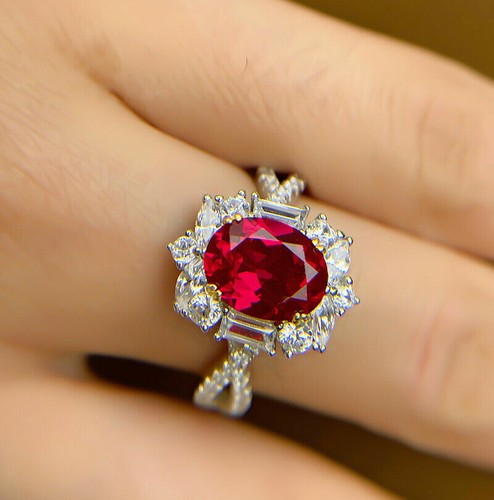 3Ct Oval Cut Lab Created Red Ruby Halo Engagement Ring In 14K White Gold Plated - Picture 8 of 8