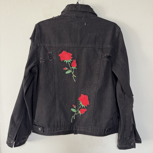 CI SONO Distressed Denim Black Trucker Jean Jacket Embroidered Floral Rose S - Picture 3 of 8