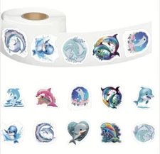 500 pcs Sticker Roll 10 Various Cartoon dolphin Theme Semi Gloss Self Adhesive