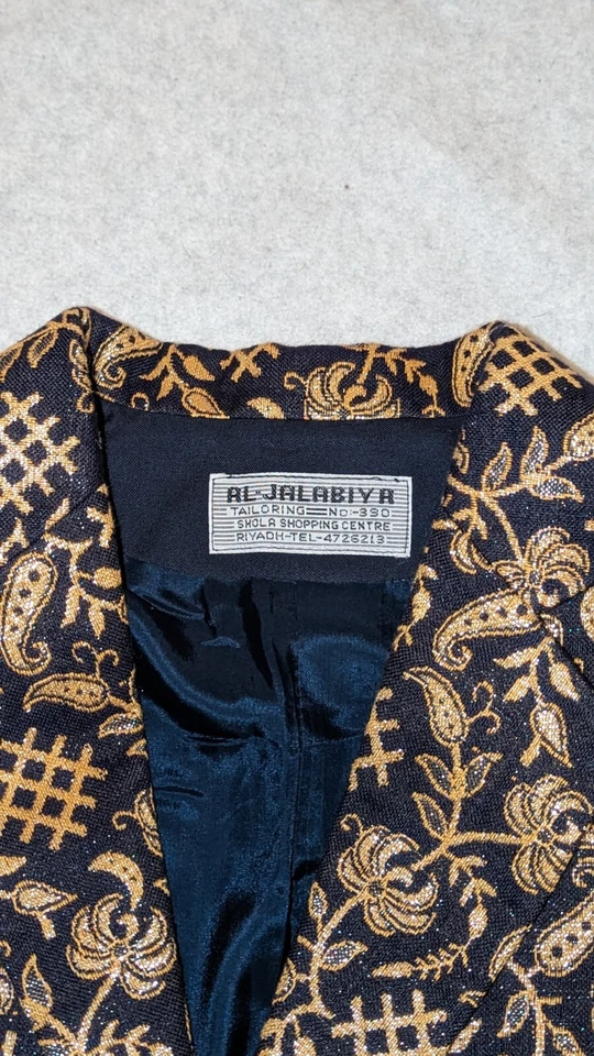 Abrigo de vestir vintage 1990 hilos metálicos dorado azul marino forrado lana hecho a mano Foto 4 de 4