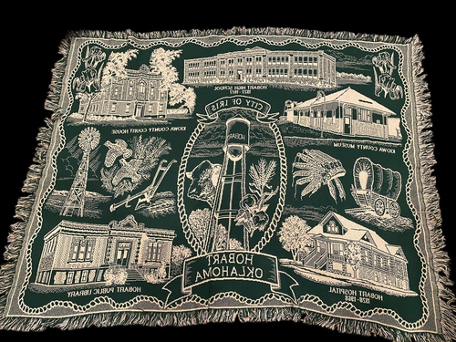 Hobart Oklahoma Tapestry Blanket City of Iris White Green Vintage Library Museum - Picture 7 of 9