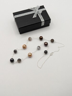 Tin cup 925 station freshwater multi-color Pearl Botswana agate necklace