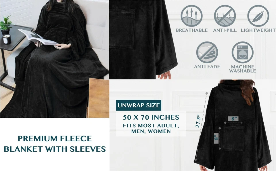 Fleece Wearable Blanket with Sleeves Pocket Fleece Warm TV Blanket Gift Adults - Image 4 of 4
