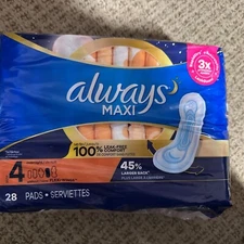 Always Maxi Pads Size 4 Overnight Absorbency Without Wings 28 Count Sealed