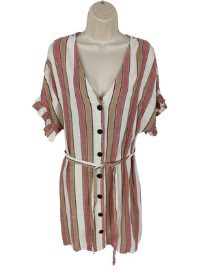BNWT WOMENS PAPAYA MATALAN UK 12 MULTI STRIPE BUTTON FRONT MINI BELT SHIRT DRESS