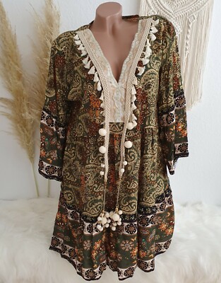 Oversize Blusenkleid Tunika Mini Kleid Hippie Paisley Blogger Boho Grün 38 40 42