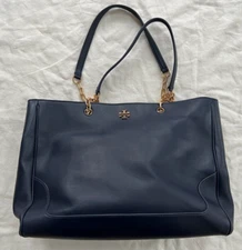 Tory Burch Carter Tote Chain Handle Tagged Tote Bag Leather Royal Navy 56968