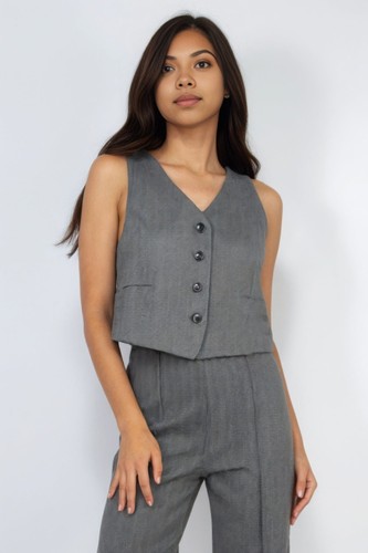 Herringbone V-neck Buttoned Vest Top - 第 1/6 張圖片