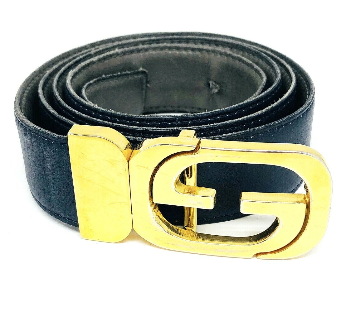 Ceinture boucle G vintage années 1970 GUCCI réversible cuir gris marine or boucle