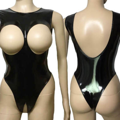 Ladies Shiny Leather Bodysuit WetLook Open Bust & Crotch Jumpsuit Catsuit Romper