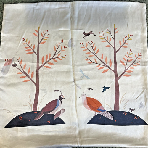 West Elm Silk Pillow Cover Birds Trees Deer Gray Grey Orange Brown 20" x 20"
