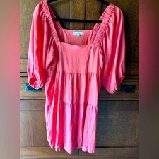 Hutton & Brown Coral Pink Tiered Mini Dress Square Neck Puff Sleeve Medium