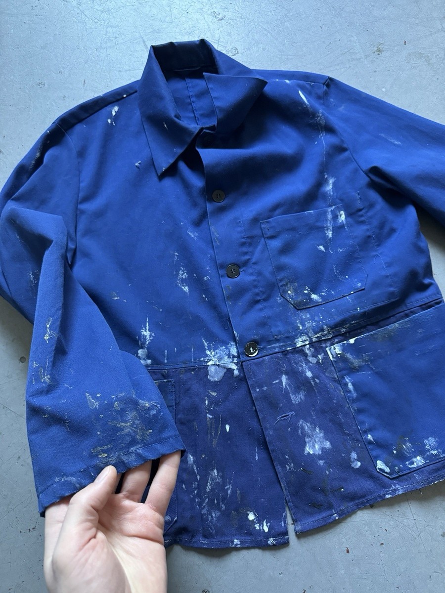 70s vintage French workwear trashed painter faded blue repair