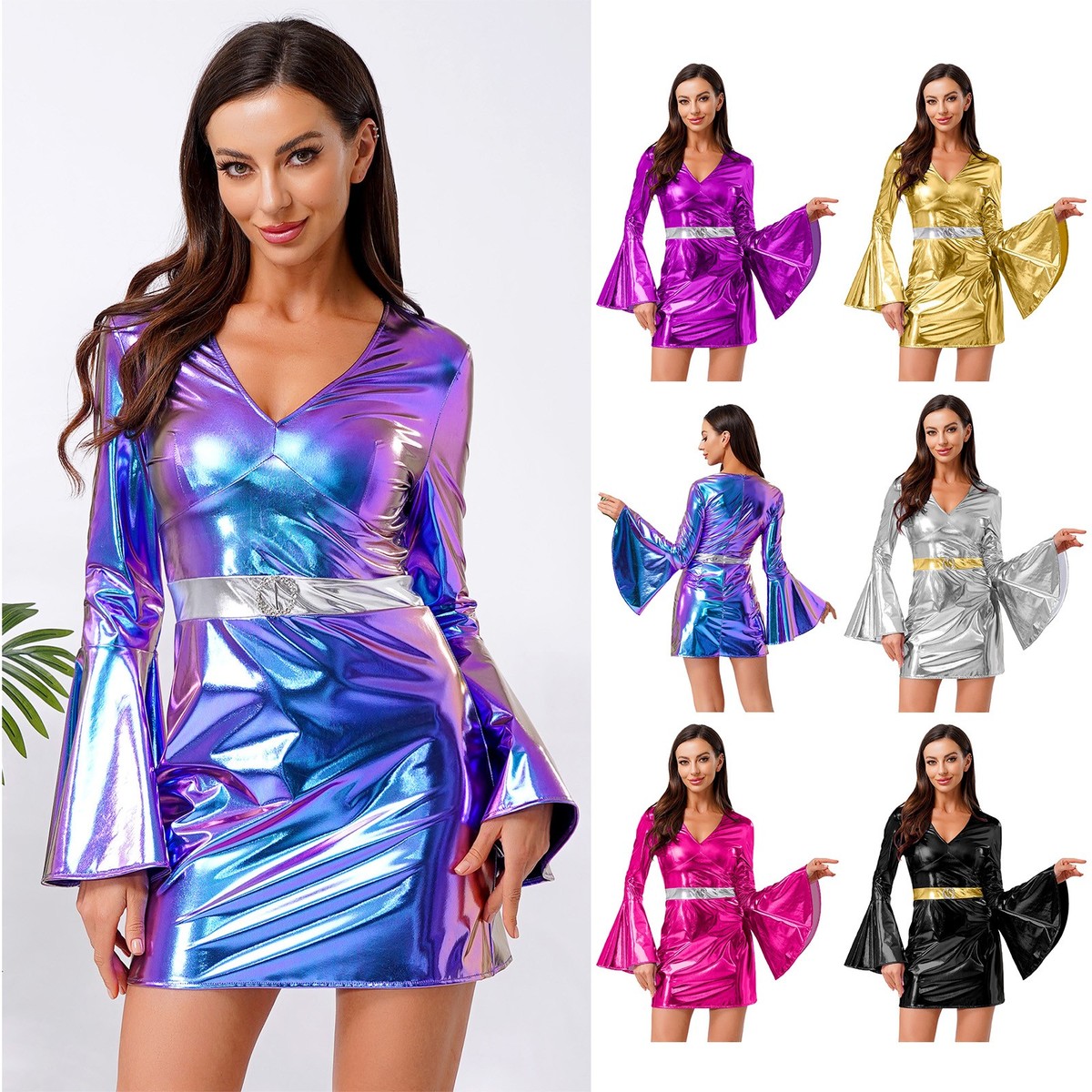 Women's 70s Disco Shiny Metallic Dress V Neck Flared Sleeves Singer Mini  Dress