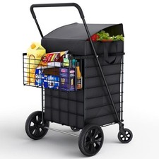 Shopping Cart w/Waterproof Basket Liner  Large 360  Swivel Wheels  Foldable Co