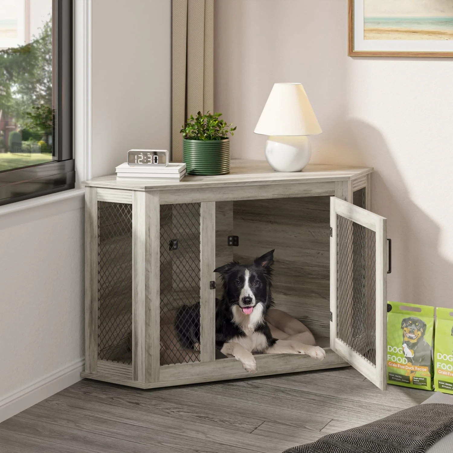BOSSIN Corner Dog Crate Furniture,44/52 inch Wooden Dog
