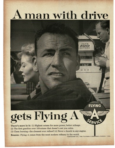1959 Flying A Gasoline man getting a fill-up at gas station pump Print Ad 1
