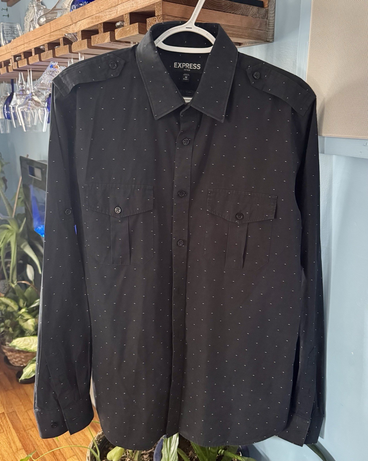 Express M Black Dot Pattern Fitted Long Sleeve Bu… - image 1