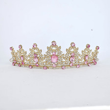 Pink Crystal Gold Tiara Rhinestone Princess Crown Pageant Wedding Headpiece NEW