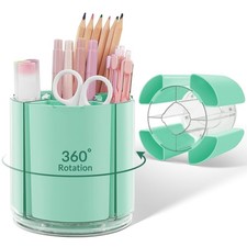 Green Pen Holder for Desk, 5 Slots 360  Rotating Pen Organizer, Cute Desk Org...