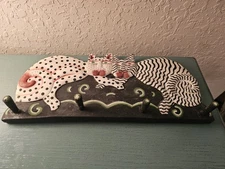Vintage HandPainted CarvedWood FolkArt Cat Wall Hooks Plaque-Very Good
