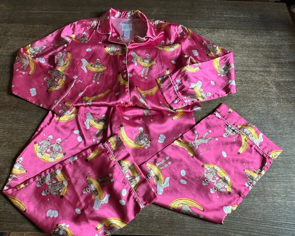 Nick & Nora Niña XL 14/16 Largo Pijama Conjunto Calcetín Mono Plátano Rosa Satinado Dormir Foto 2 de 4