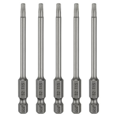 5pcs T15 Torx Head Screwdriver Bit 1/4'' Hex Shank 3.15'' Long Magnetic No Hole
