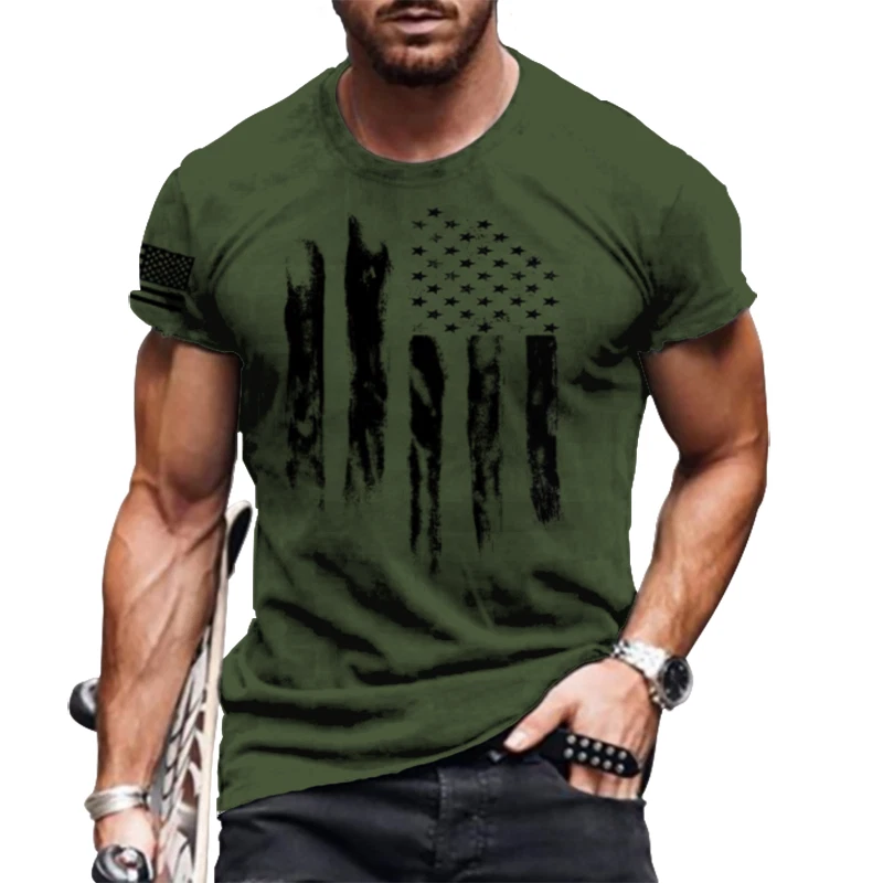 T-Shirt Men Fashion Graphic American USA Flag Green Casual Short Sleeve T Shirts