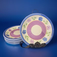 6 Gibson Bella Housewares 11 Inch Plates Hand Painted Purple Flowers Pansies