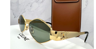 Authentic Celine Gold Metal Triomphe CL40254U Frame Gold Lens Green Sunglasses