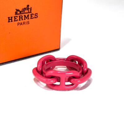 Pink Enamel Metal HERMES Chaine d'Ancre Scarf Ring, 1.3in