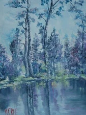 Original Colorful Impressionistic Oil on Canvas of Lakeside Landscape by McRee
