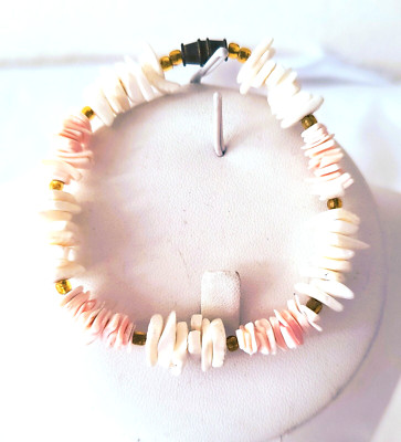 Women's  Bracelet Pink and White Shell Chips Acrylic Spacers Barrel Close 7 1/2''