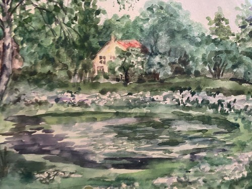 ::AQUARELL °HAUS MIT TEICH° DORF ARCHITEKTUR LANDSCHAFTEN BOTANIK EXPRESSIONIST - Bild 3 von 6