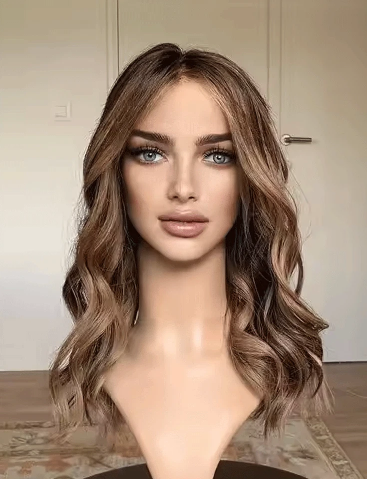 Pelucas de cabello humano marrón oscuro con marrón ceniza 13X4 onda corporal encaje peluca frontal Foto 3 de 4