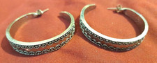 Vintage Silver Tone Textured Hoop Boho Romantic Style Pattern 1.75 inch Earrings