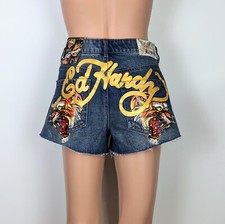 NWT Ed Hardy Women's Blue Denim Shorts with Tiger Print, Cut Off Graphic size L