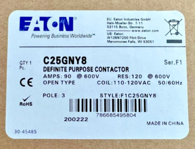 NEW EATON C25GNY8 Definite Purpose Contactor Non-Reversing 3P 90A 110-120V Coil