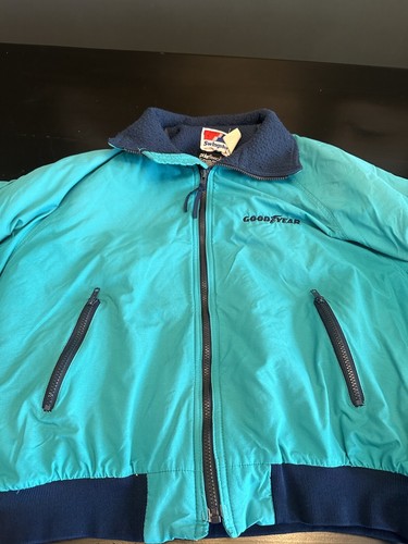 *Vintage Goodyear Swingster Jacket Mens Bomber Polar Fleece Blue Teal Zip L USA - Picture 2 of 7