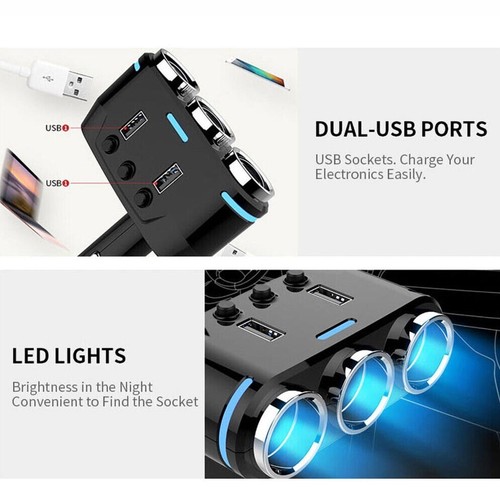 3 Port Car Cigarette Lighter Socket Splitter Dual USB Charger/Power Adapter - Picture 10 of 12