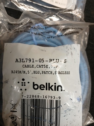 LOT OF 5 - BELKIN A3L791-05-BLU-S 5FT CAT 5E CABLES - BLUE PATCH CORD SNAGLESS - Picture 3 of 3