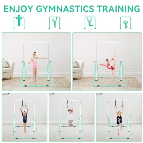 Gymnastics Bar for Kids with Gymnastics Rings, Height Adjustable Green